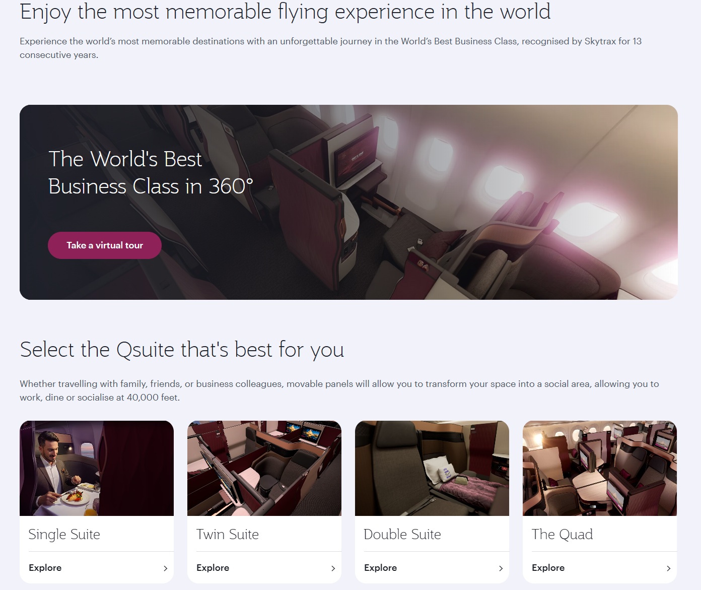 Qatar Airways Business Class Qsuite webpage showing the 360-degree cabin tour and suite options