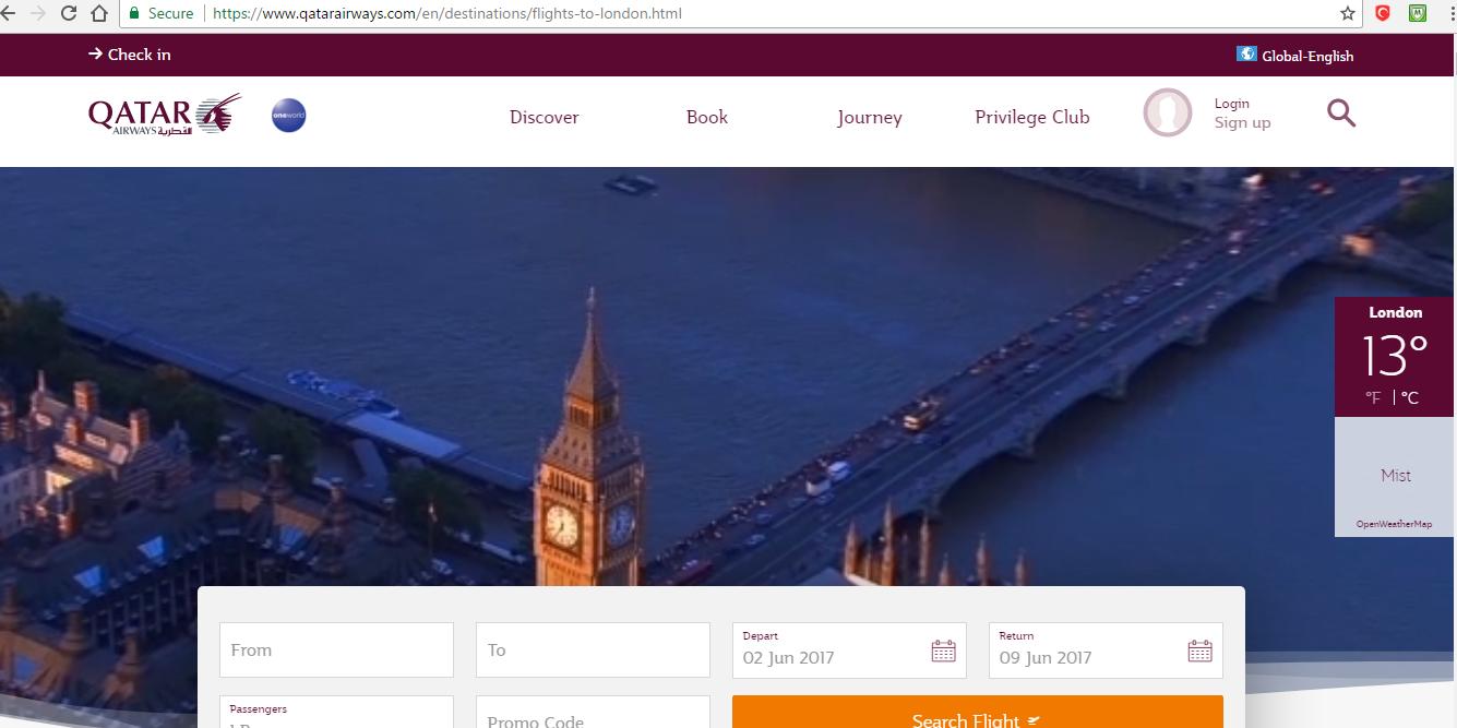 Historical Qatar Airways destination landing page
